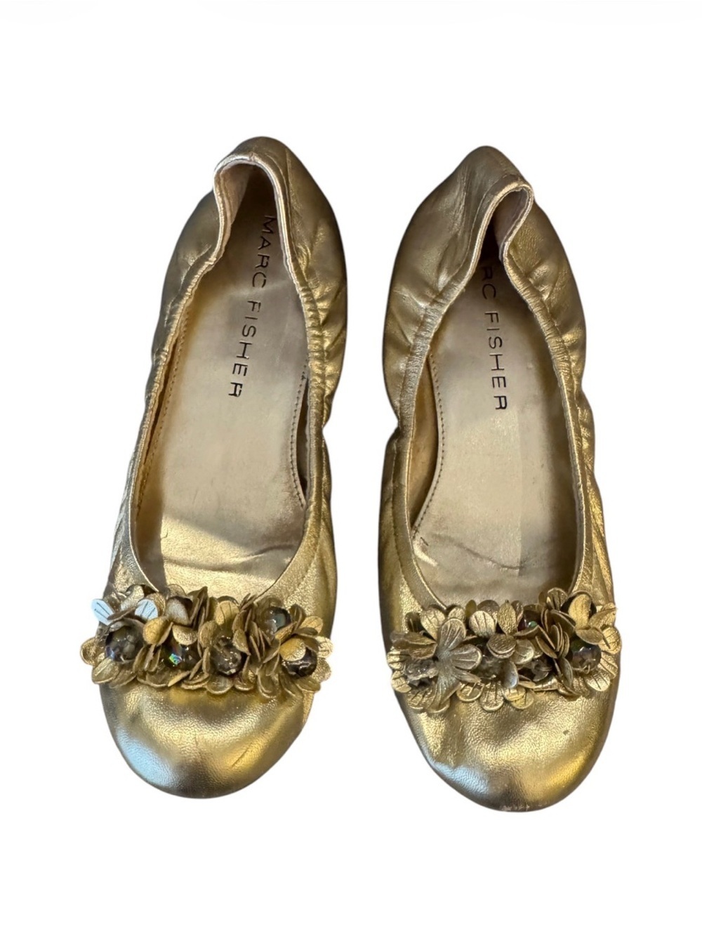 Marc Fisher Gold Metallic Floral Ballet Flats | Embellished Shoes Size 7.5